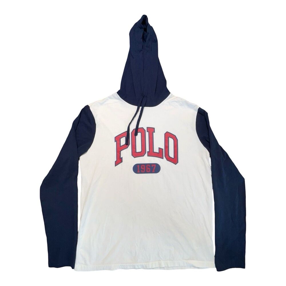 Polo Ralph Lauren Hoodie Shirt Mens Medium White Navy Graphic Long Sleeve Tee